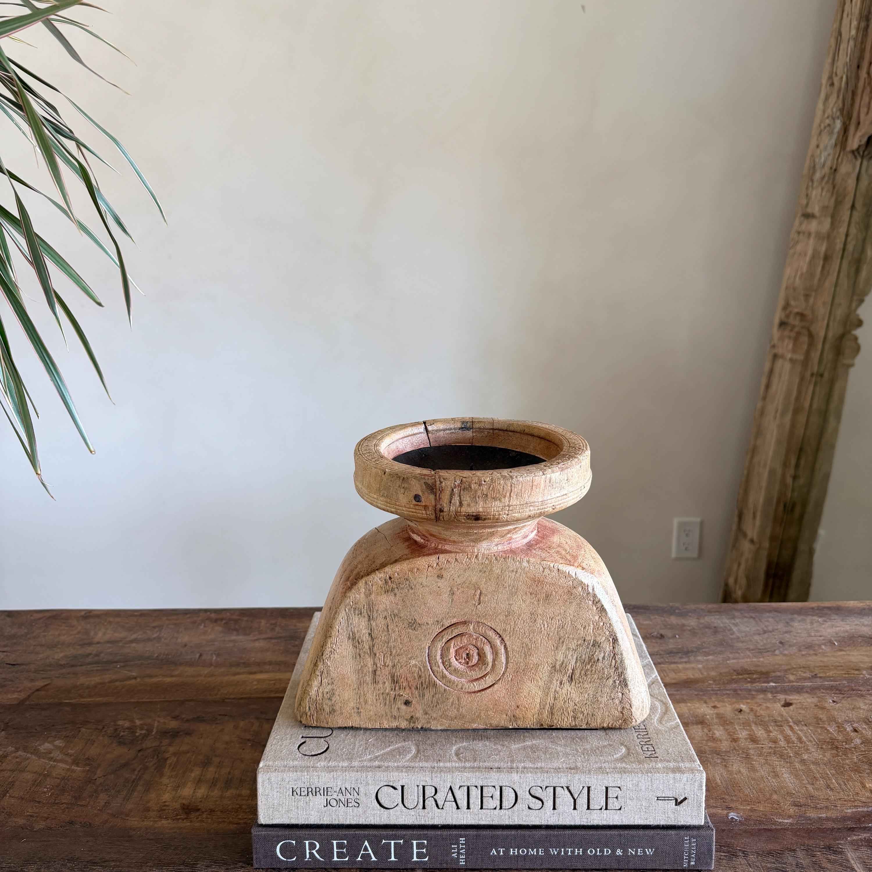 Vintage Teak Seeder Pillar Candle Holder | Hand-Carved Antique Farm Tool