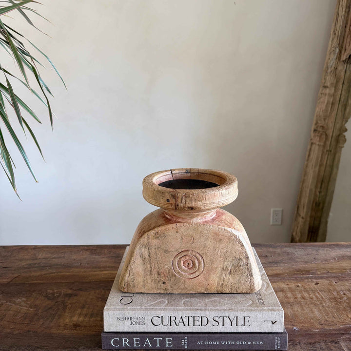 Vintage Teak Seeder Pillar Candle Holder | Hand-Carved Antique Farm Tool