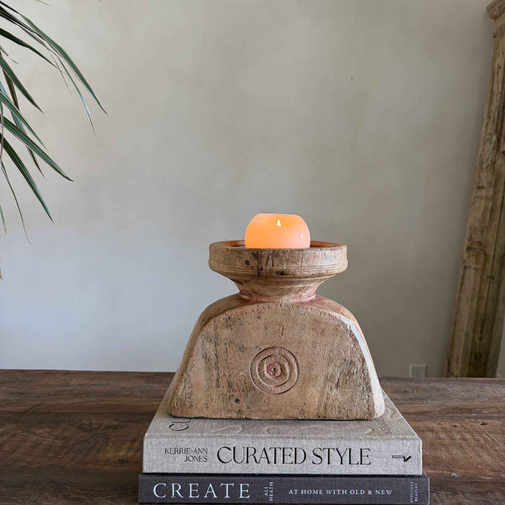 Vintage Teak Seeder Pillar Candle Holder | Hand-Carved Antique Farm Tool