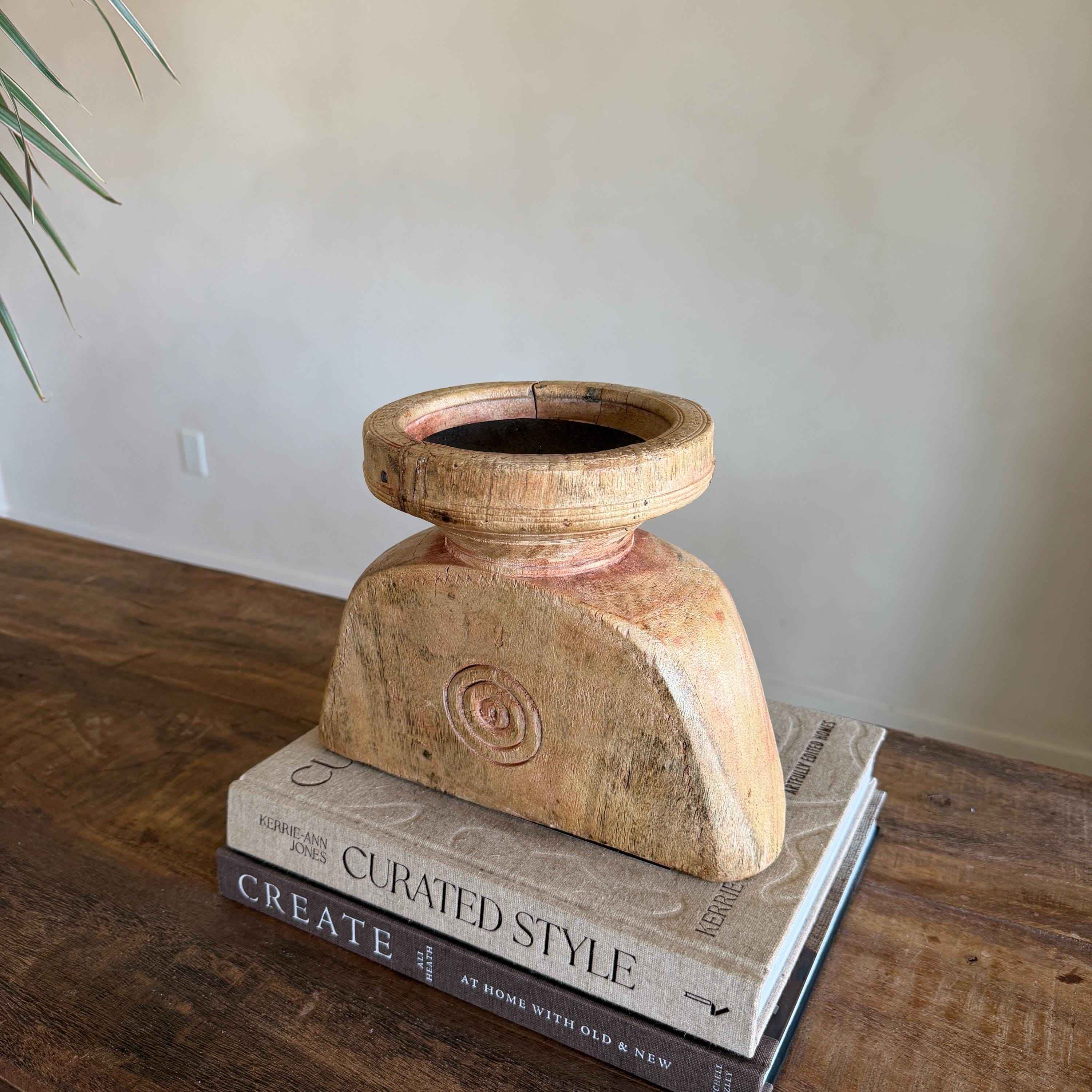 Vintage Teak Seeder Pillar Candle Holder | Hand-Carved Antique Farm Tool