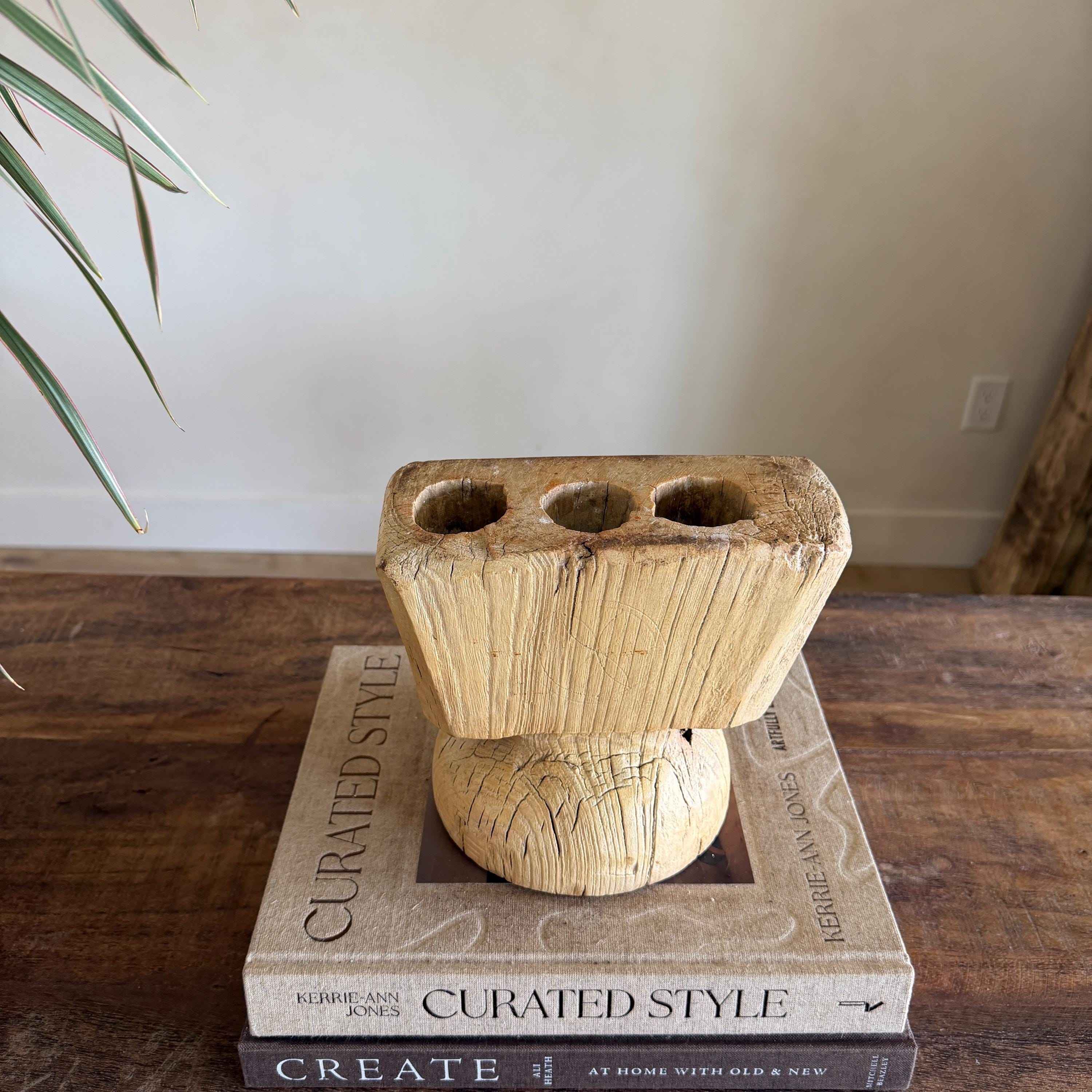 Vintage Teak Seeder Pillar Candle Holder | Hand-Carved Antique Farm Tool