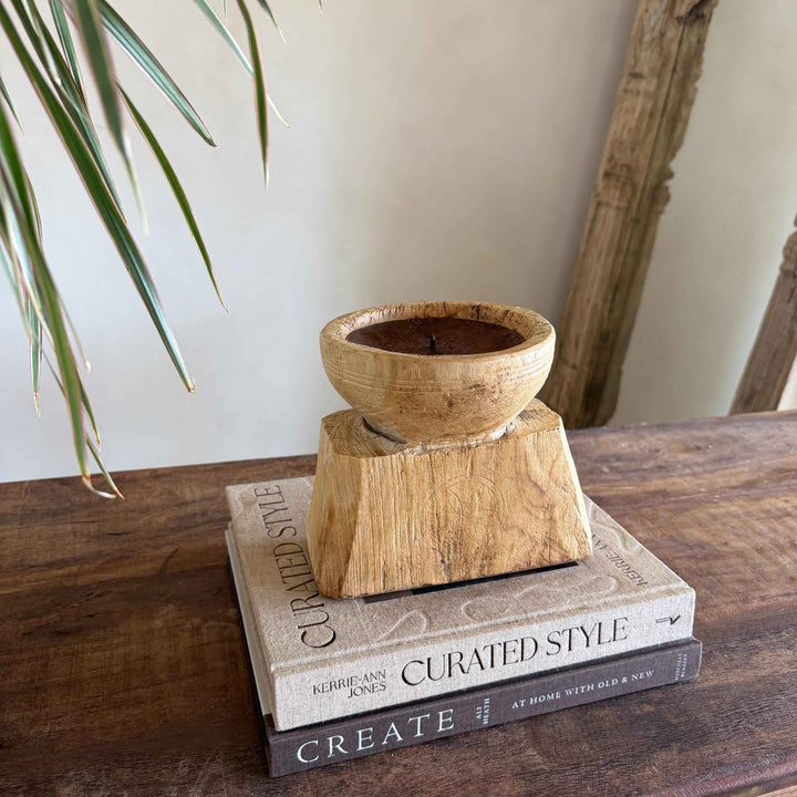Vintage Teak Seeder Pillar Candle Holder | Hand-Carved Antique Farm Tool