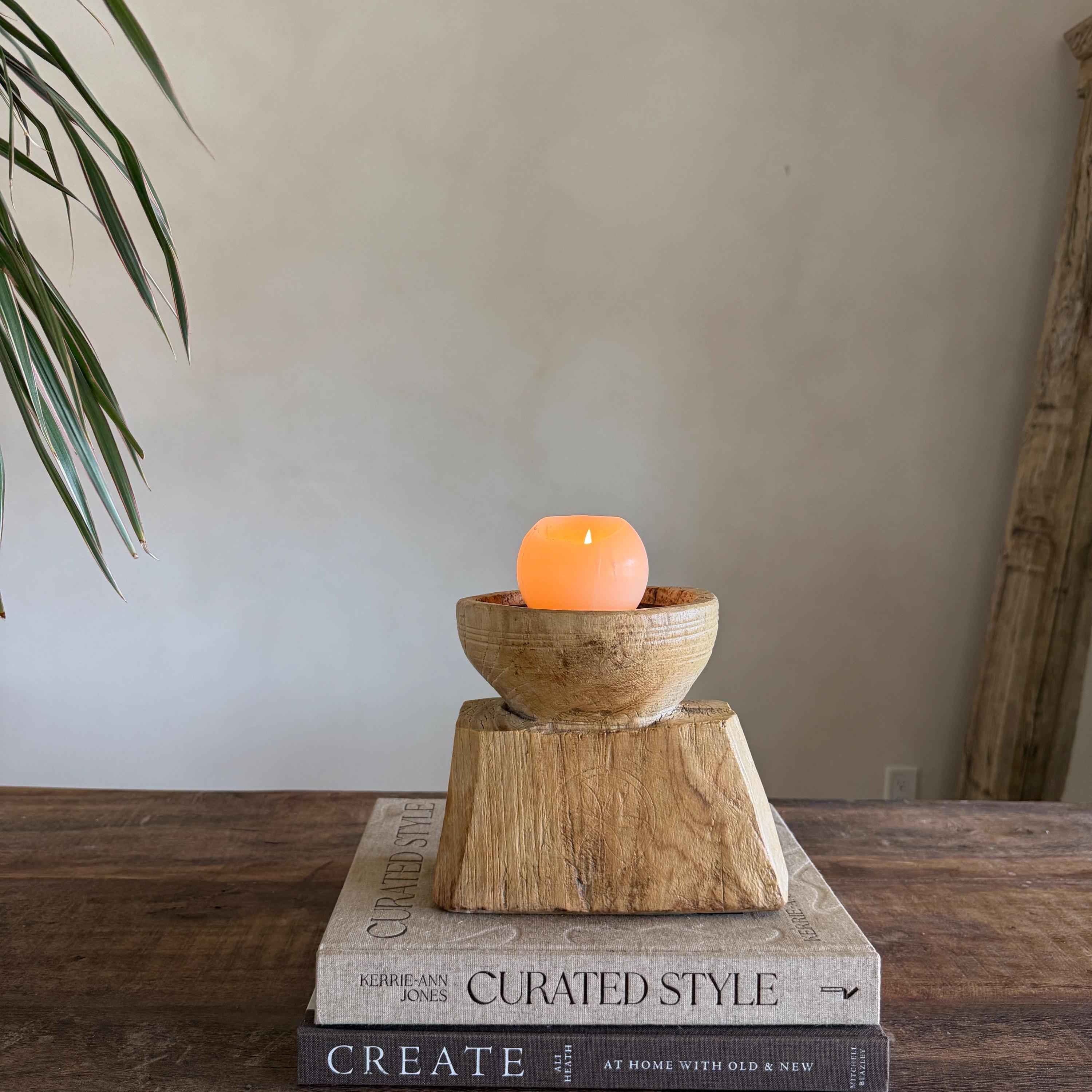 Vintage Teak Seeder Pillar Candle Holder | Hand-Carved Antique Farm Tool