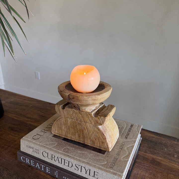 Vintage Teak Seeder Pillar Candle Holder | Hand-Carved Antique Farm Tool