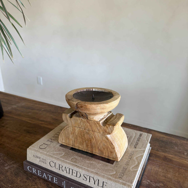 Vintage Teak Seeder Pillar Candle Holder | Hand-Carved Antique Farm Tool