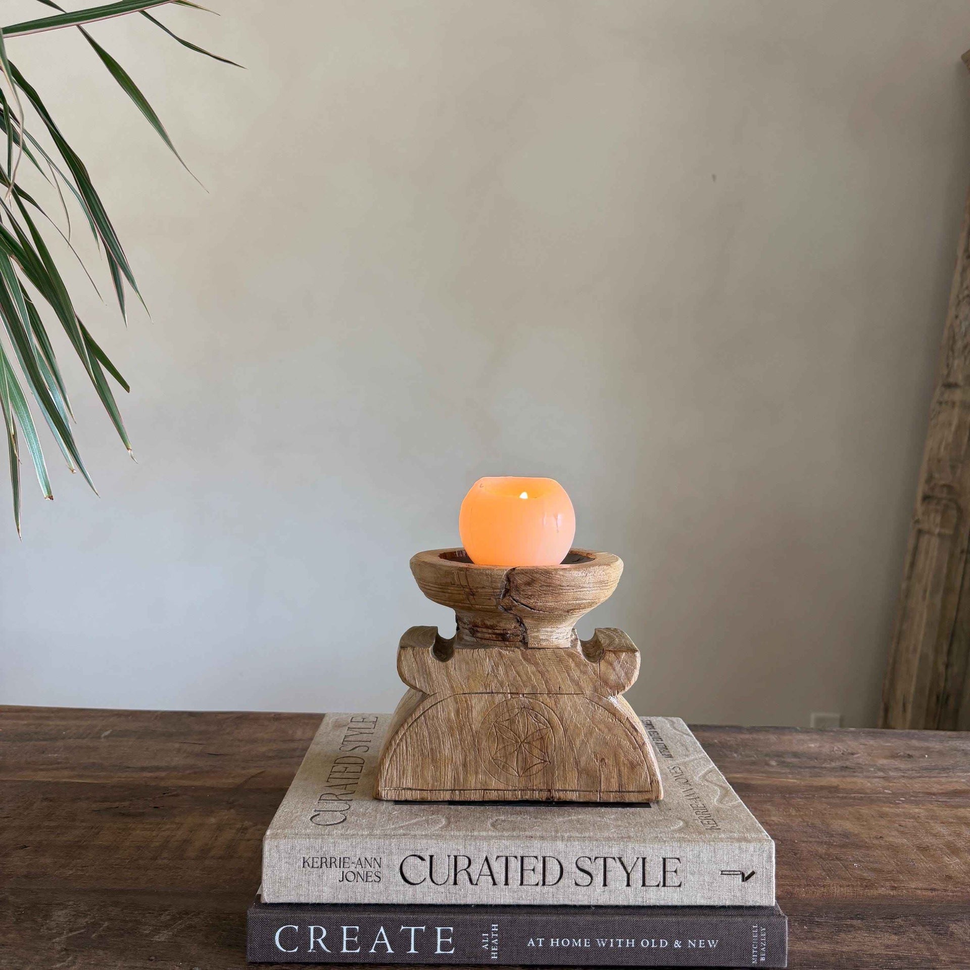 Vintage Teak Seeder Pillar Candle Holder | Hand-Carved Antique Farm Tool