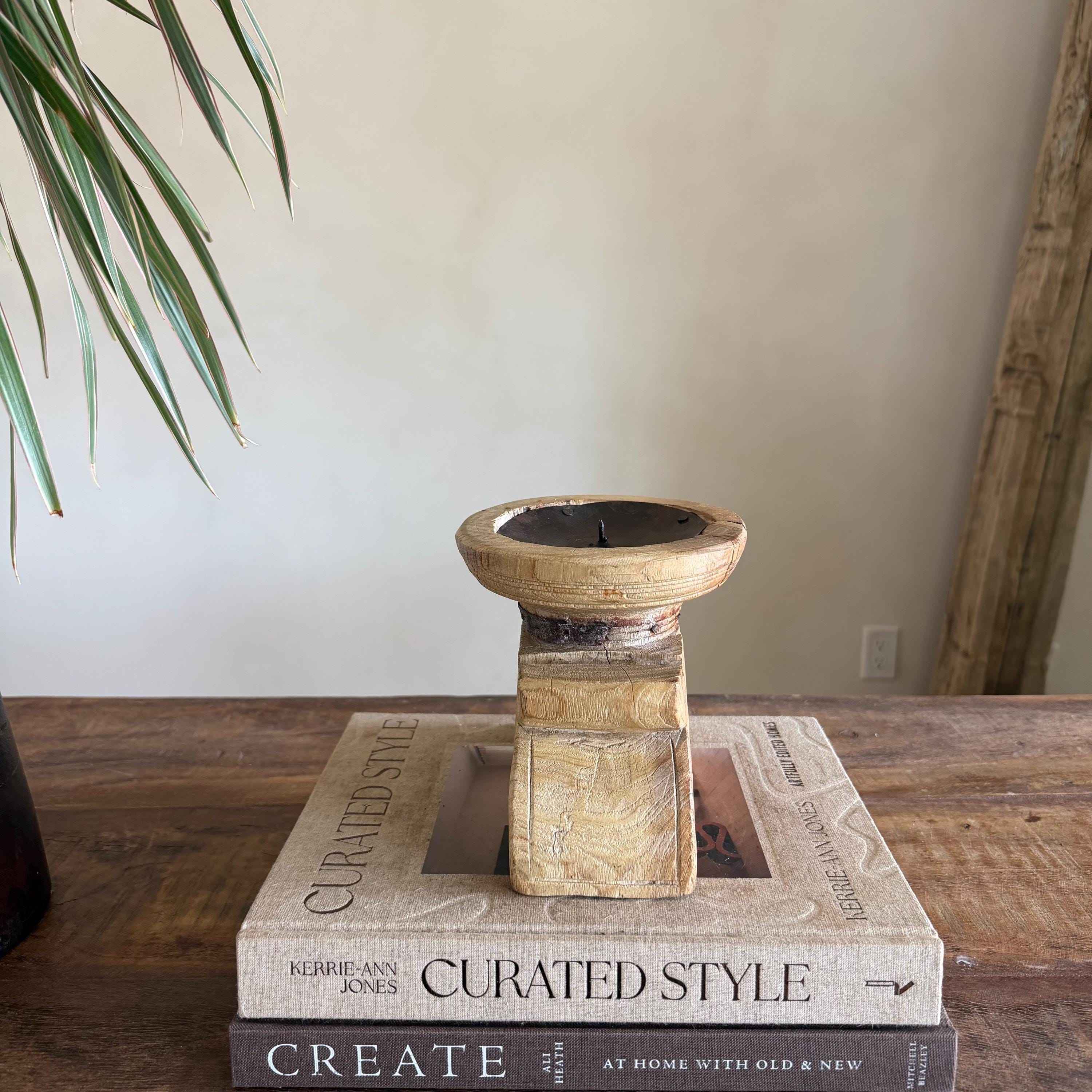 Vintage Teak Seeder Pillar Candle Holder | Hand-Carved Antique Farm Tool