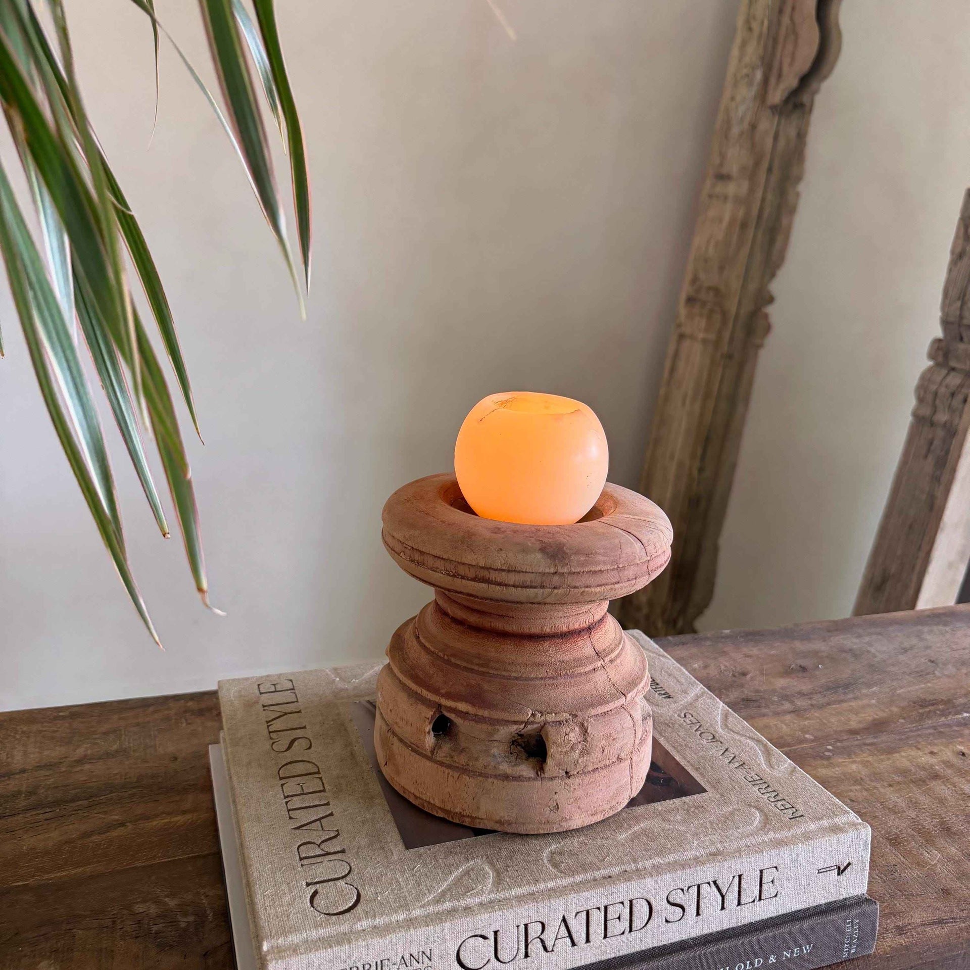 Vintage Teak Seeder Pillar Candle Holder | Hand-Carved Antique Farm Tool