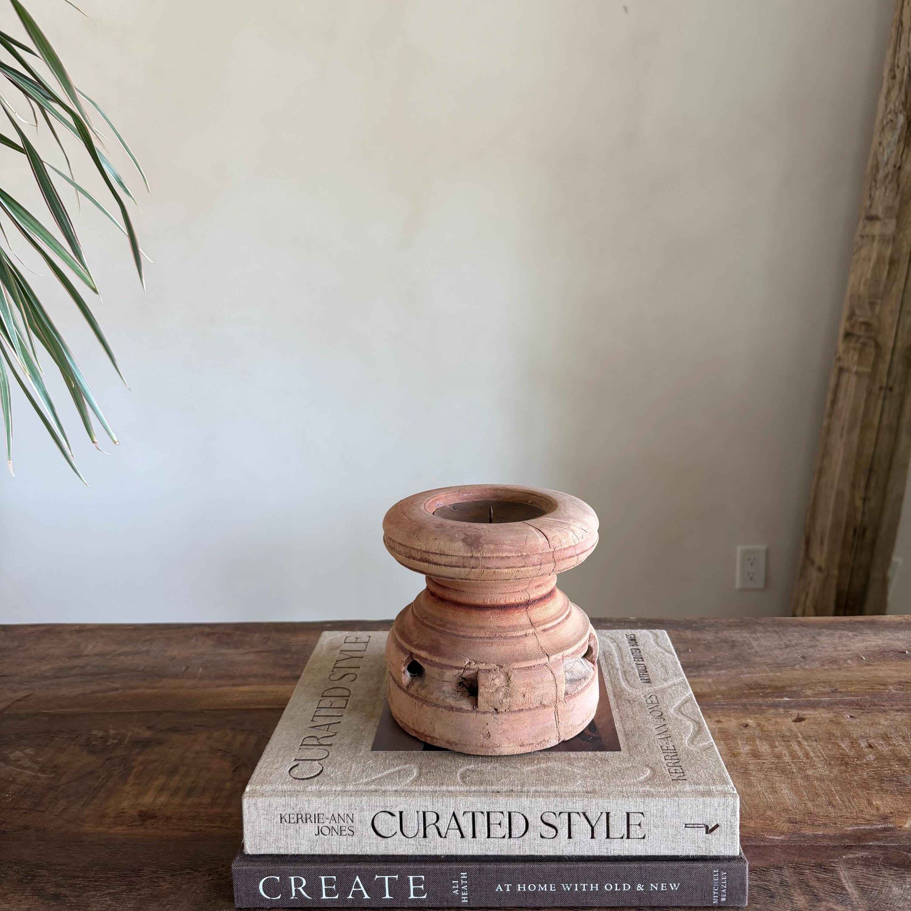 Vintage Teak Seeder Pillar Candle Holder | Hand-Carved Antique Farm Tool