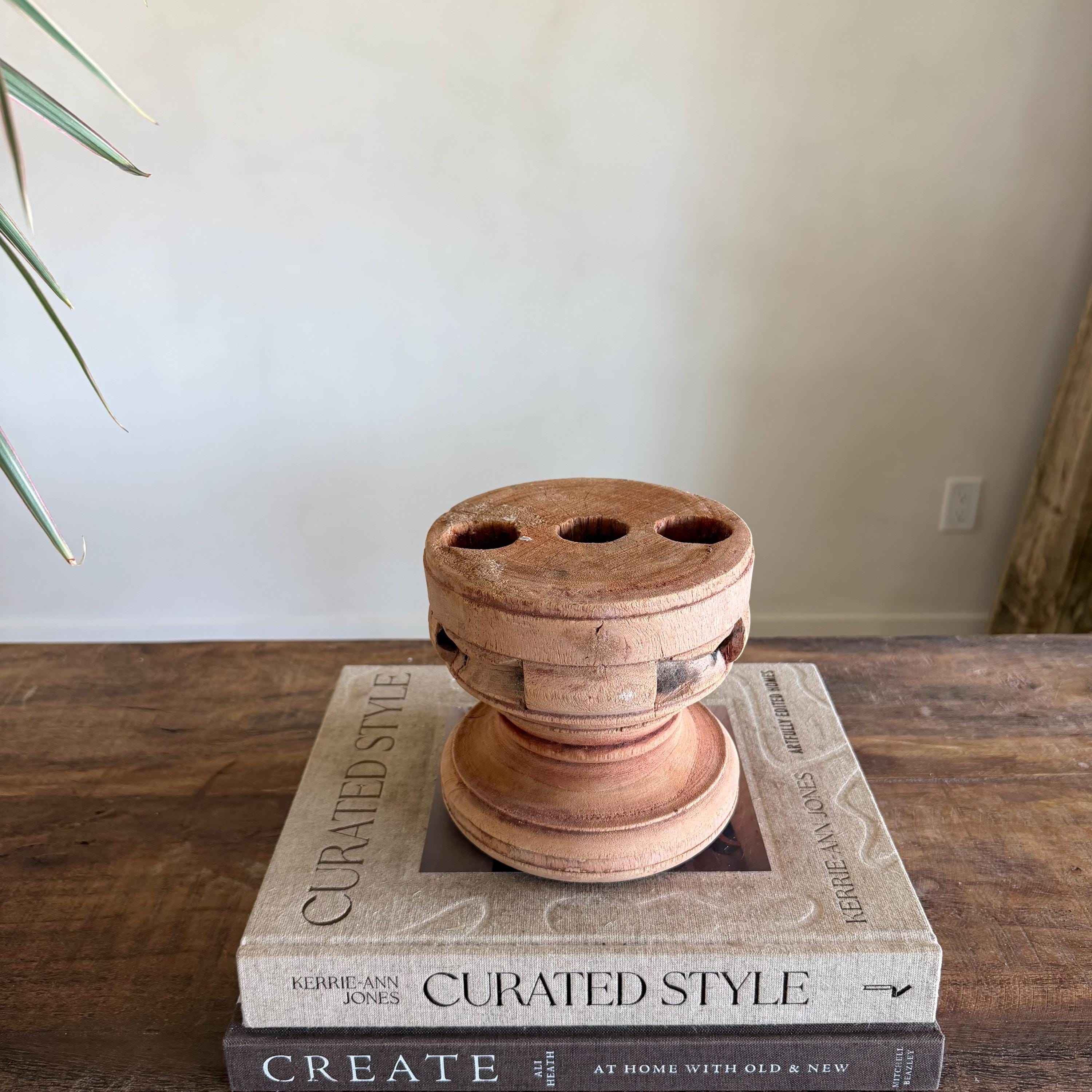 Vintage Teak Seeder Pillar Candle Holder | Hand-Carved Antique Farm Tool