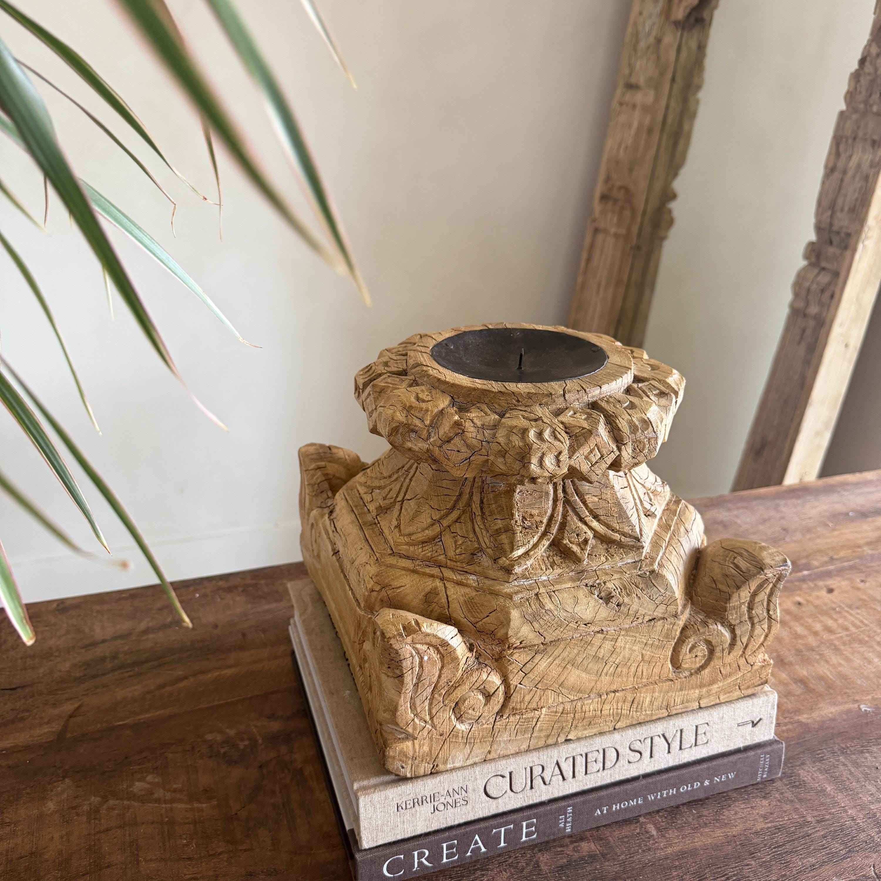 Vintage Teak Palace Capital Candle Holder | Hand-Carved Royal Relic