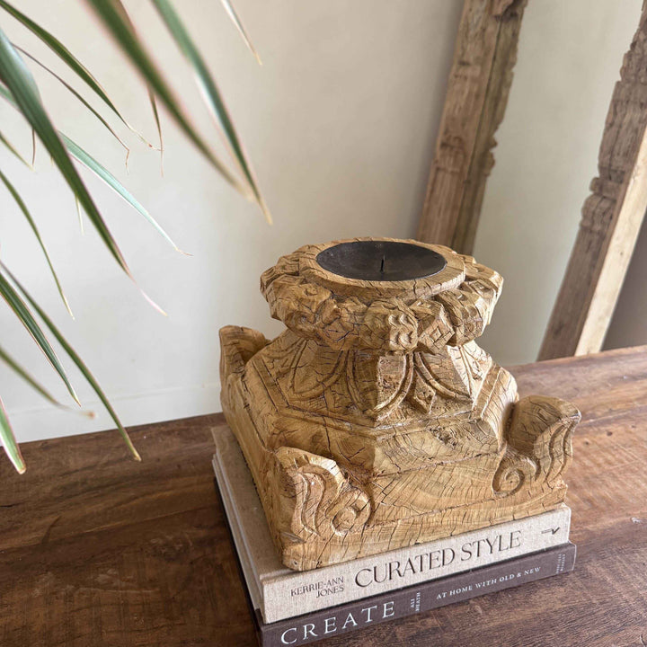 Vintage Teak Palace Capital Candle Holder | Hand-Carved Royal Relic