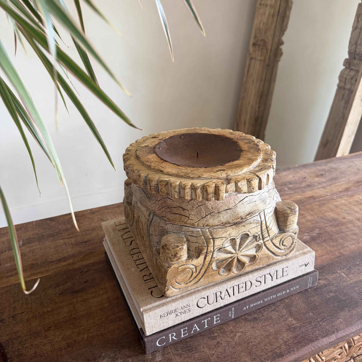 Vintage Teak Palace Capital Candle Holder | Hand-Carved Royal Relic