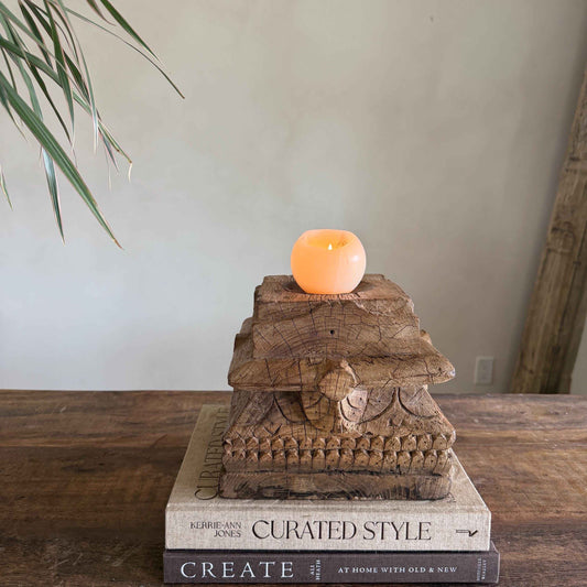 Vintage Teak Palace Capital Candle Holder | Hand-Carved Royal Relic
