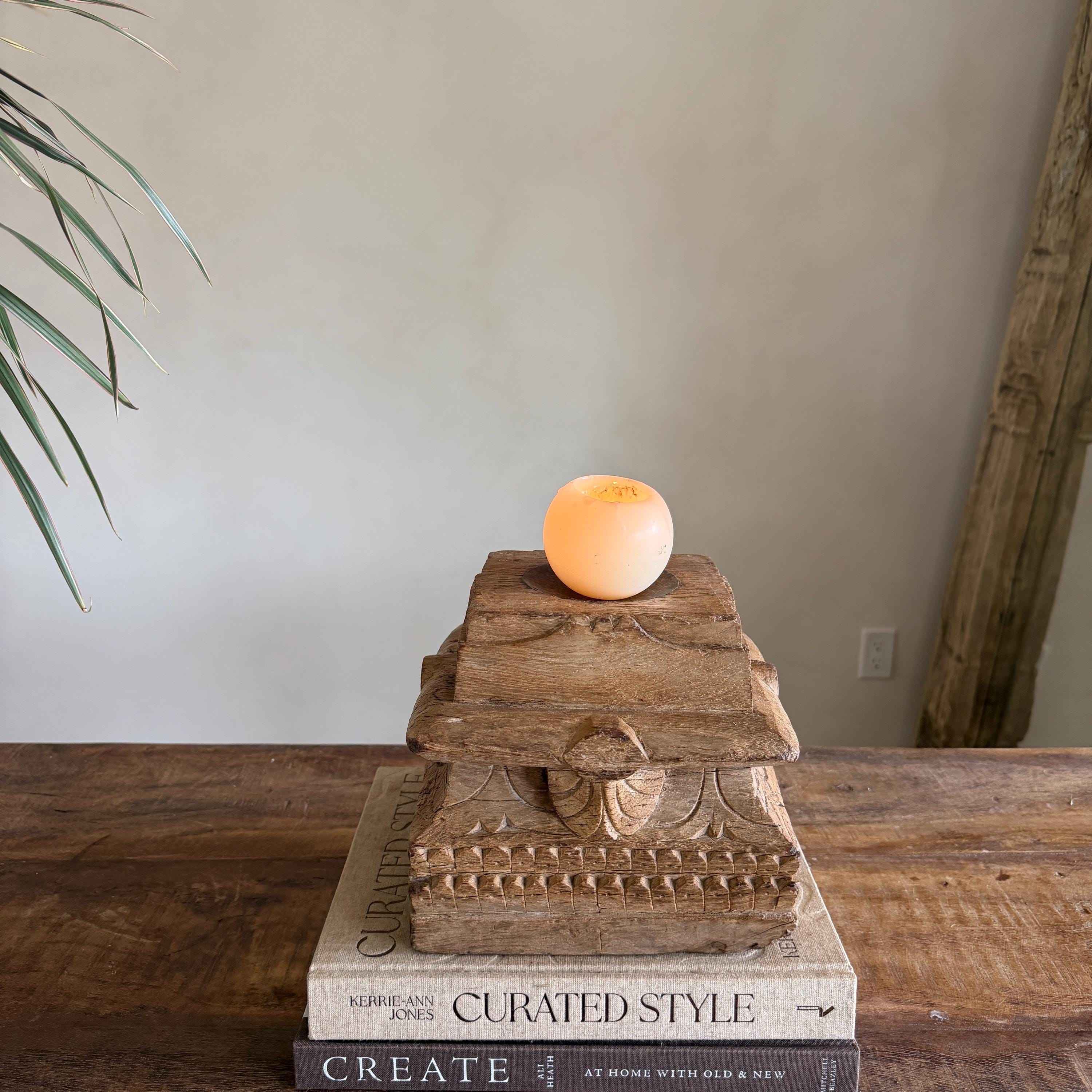 Vintage Teak Palace Capital Candle Holder | Hand-Carved Royal Relic