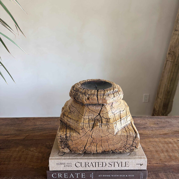 Vintage Teak Palace Capital Candle Holder | Hand-Carved Royal Relic