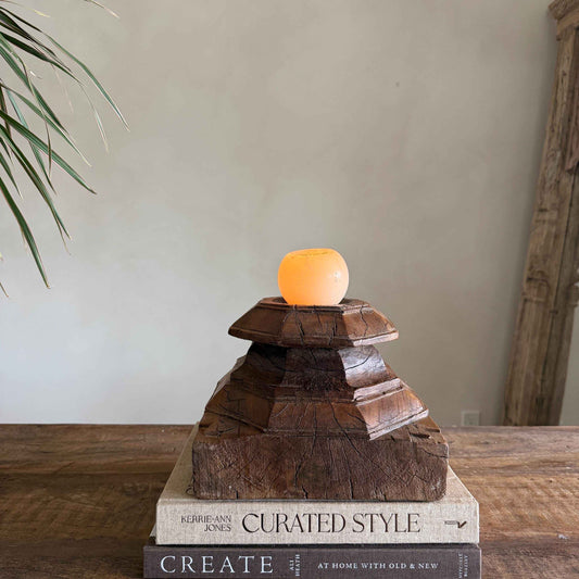 Vintage Teak Palace Capital Candle Holder | Hand-Carved Royal Relic