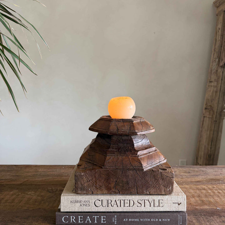 Vintage Teak Palace Capital Candle Holder | Hand-Carved Royal Relic