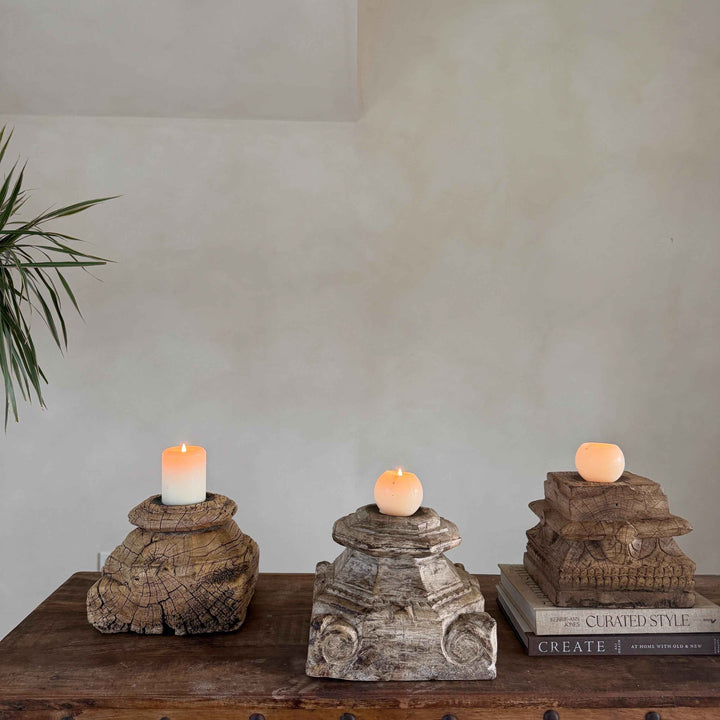 Vintage Teak Palace Capital Candle Holder | Hand-Carved Royal Relic