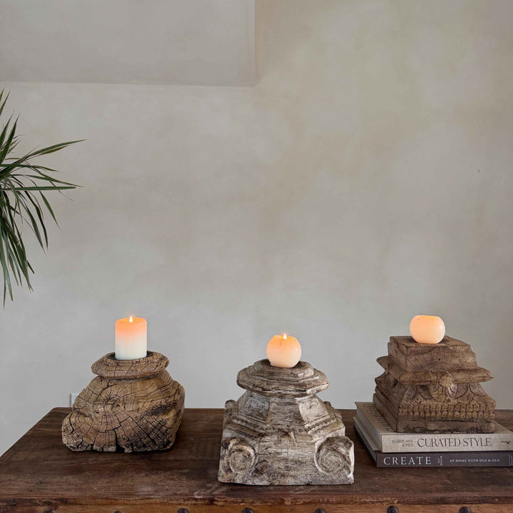 Vintage Teak Palace Capital Candle Holder | Hand-Carved Royal Relic