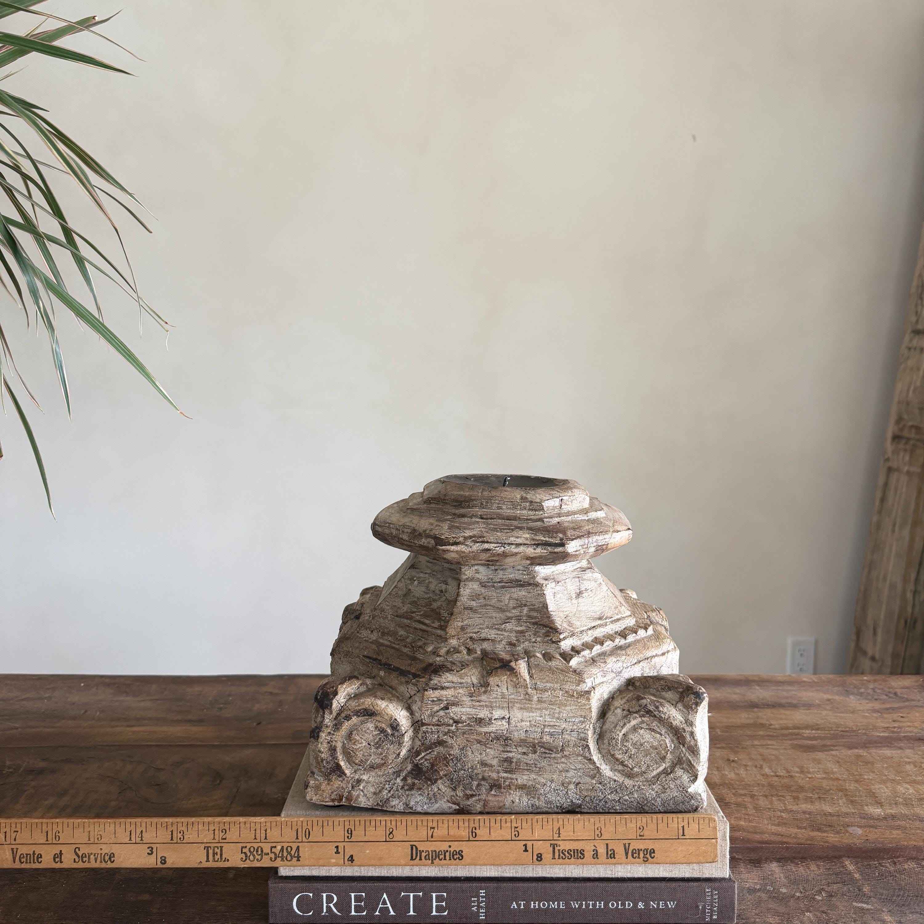 Vintage Teak Palace Capital Candle Holder | Hand-Carved Royal Relic