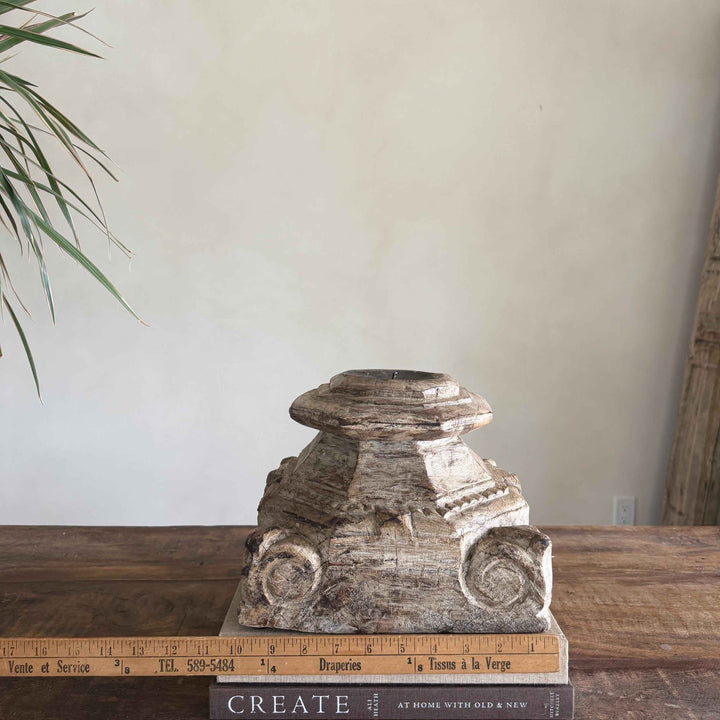 Vintage Teak Palace Capital Candle Holder | Hand-Carved Royal Relic