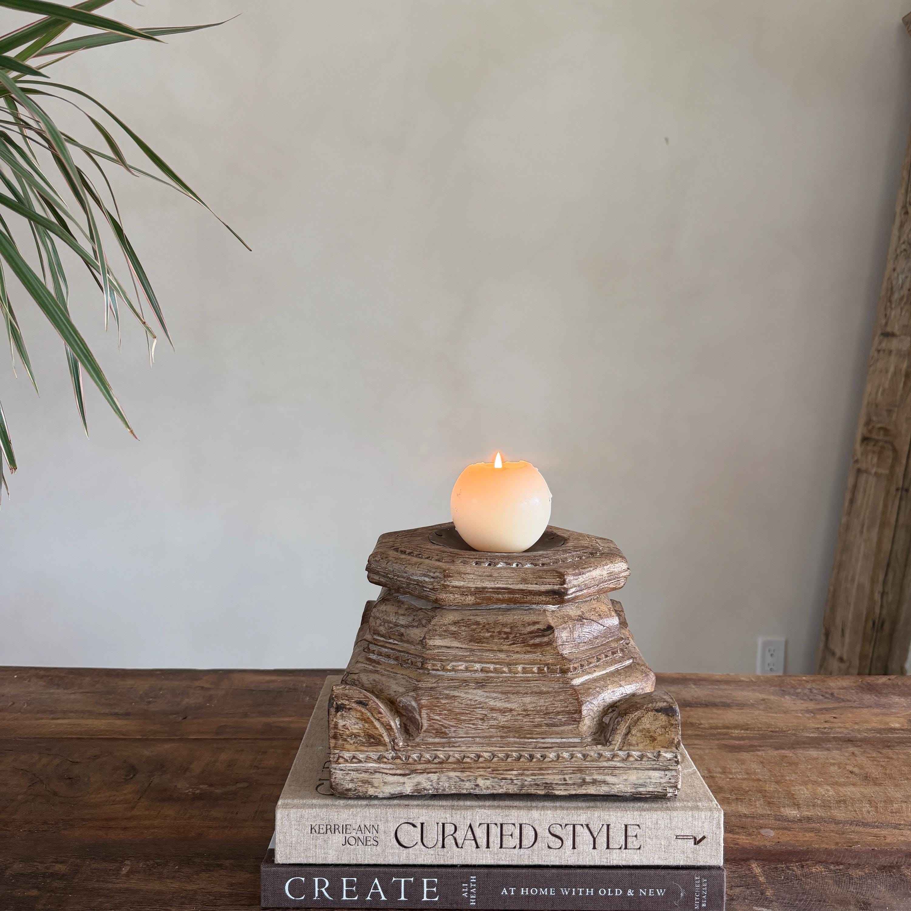 Vintage Teak Palace Capital Candle Holder | Hand-Carved Royal Relic