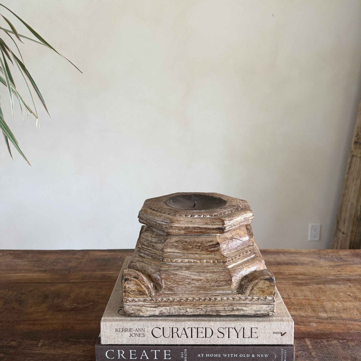 Vintage Teak Palace Capital Candle Holder | Hand-Carved Royal Relic