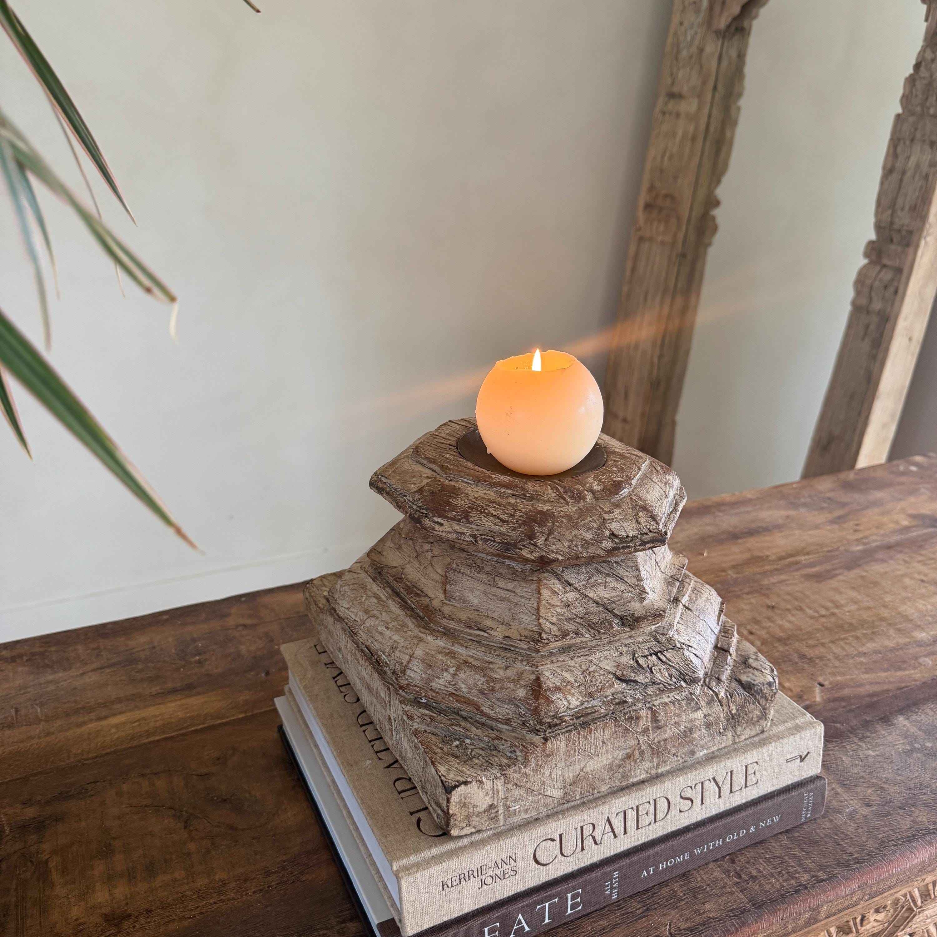 Vintage Teak Palace Capital Candle Holder | Hand-Carved Royal Relic