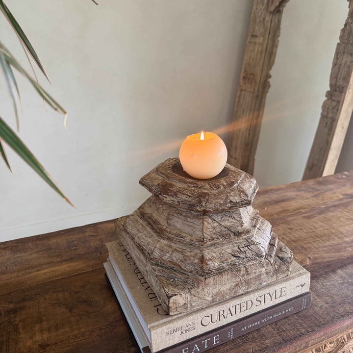 Vintage Teak Palace Capital Candle Holder | Hand-Carved Royal Relic