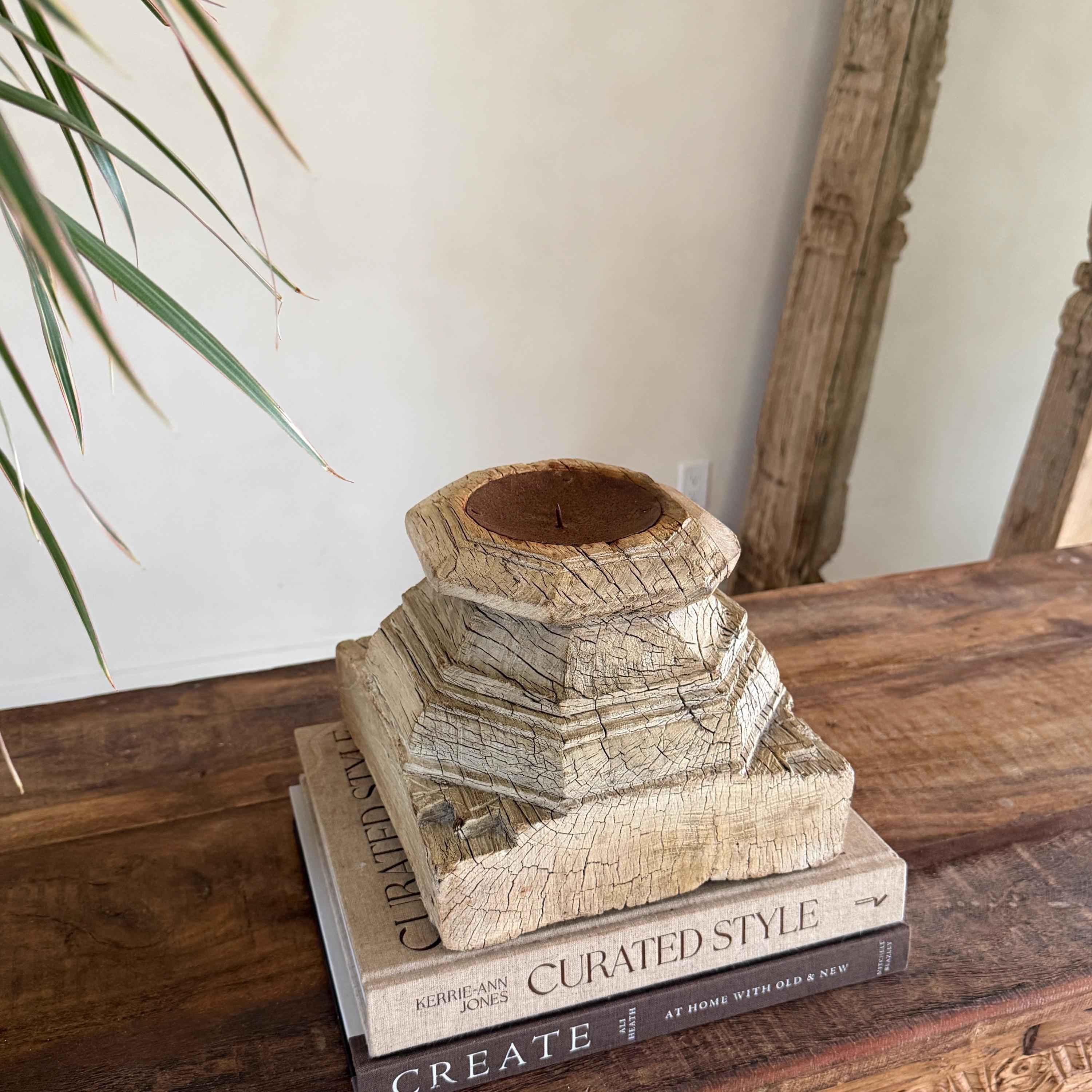 Vintage Teak Palace Capital Candle Holder | Hand-Carved Royal Relic