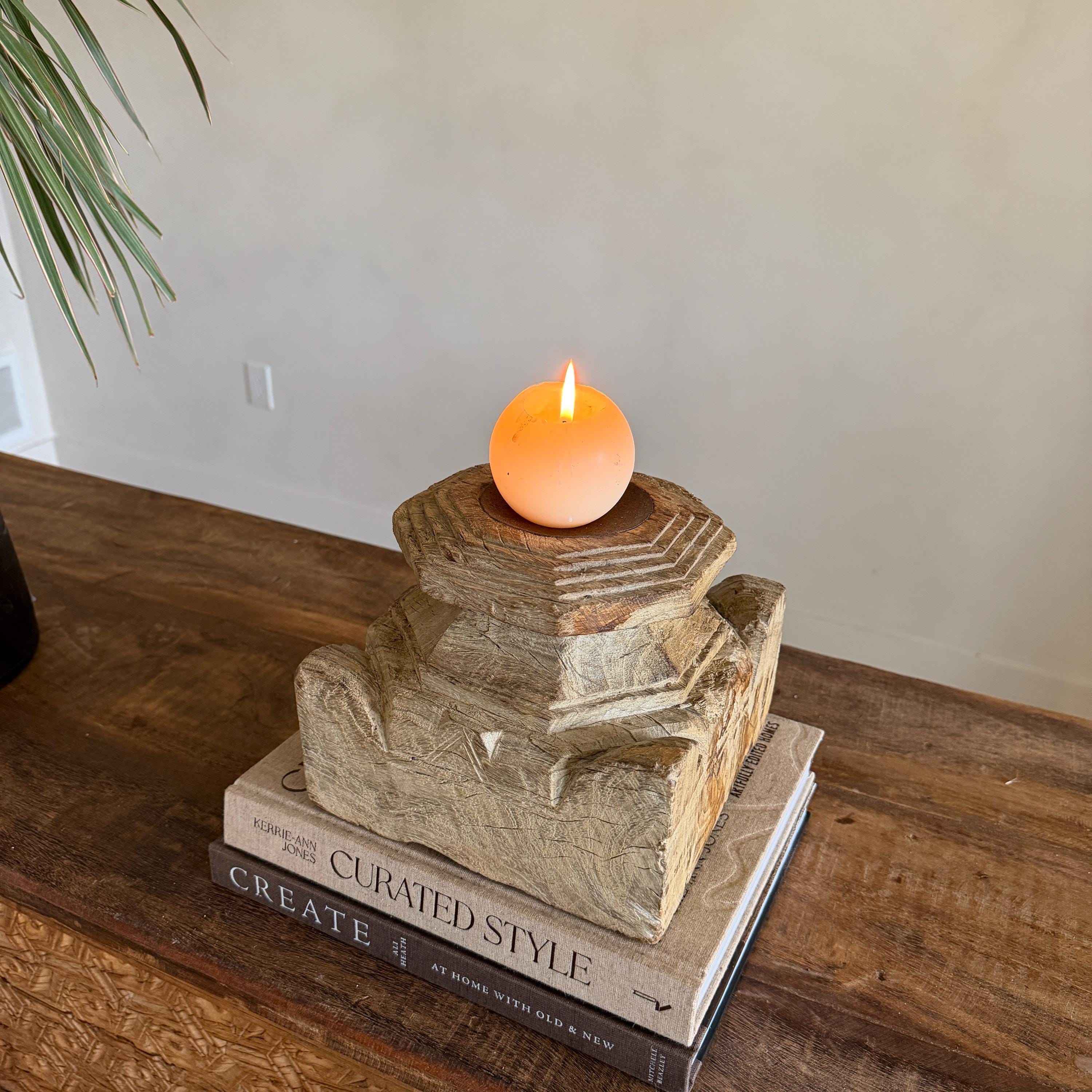 Vintage Teak Palace Capital Candle Holder | Hand-Carved Royal Relic