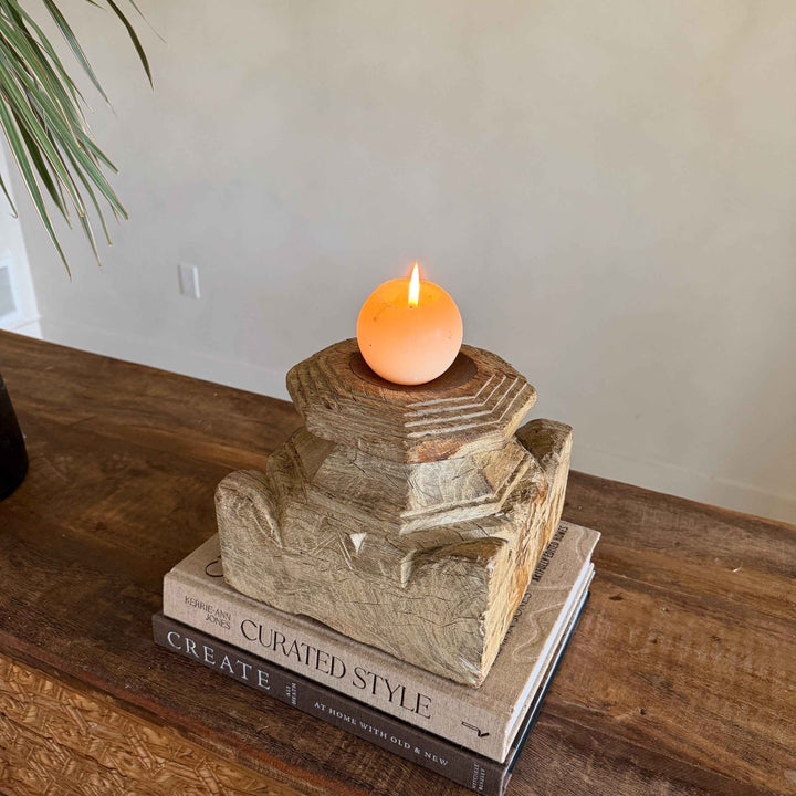Vintage Teak Palace Capital Candle Holder | Hand-Carved Royal Relic