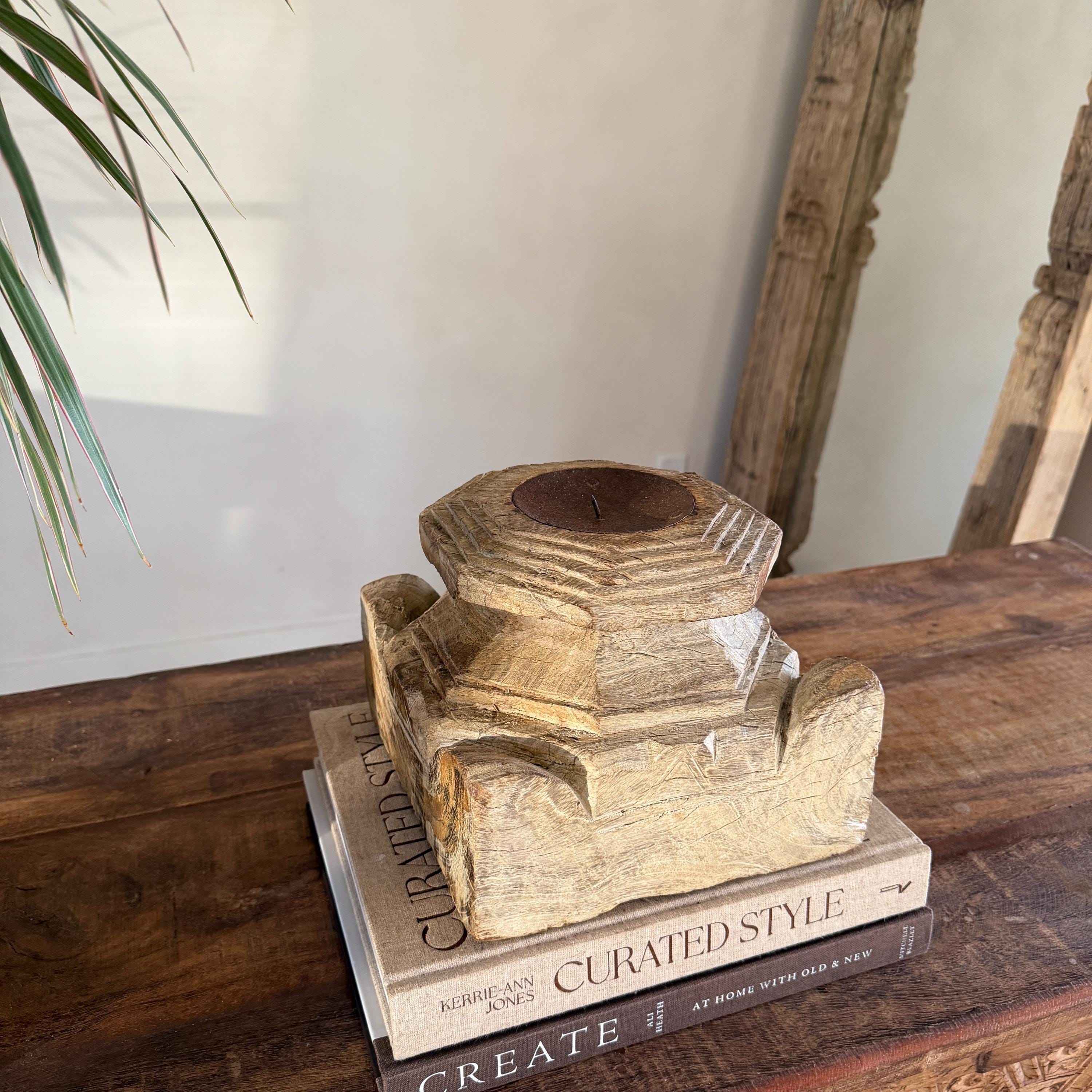 Vintage Teak Palace Capital Candle Holder | Hand-Carved Royal Relic