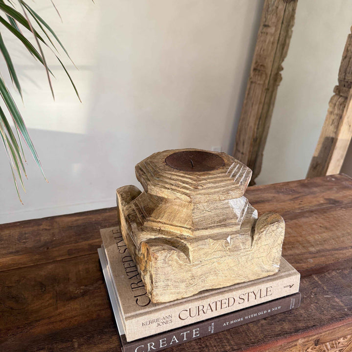 Vintage Teak Palace Capital Candle Holder | Hand-Carved Royal Relic