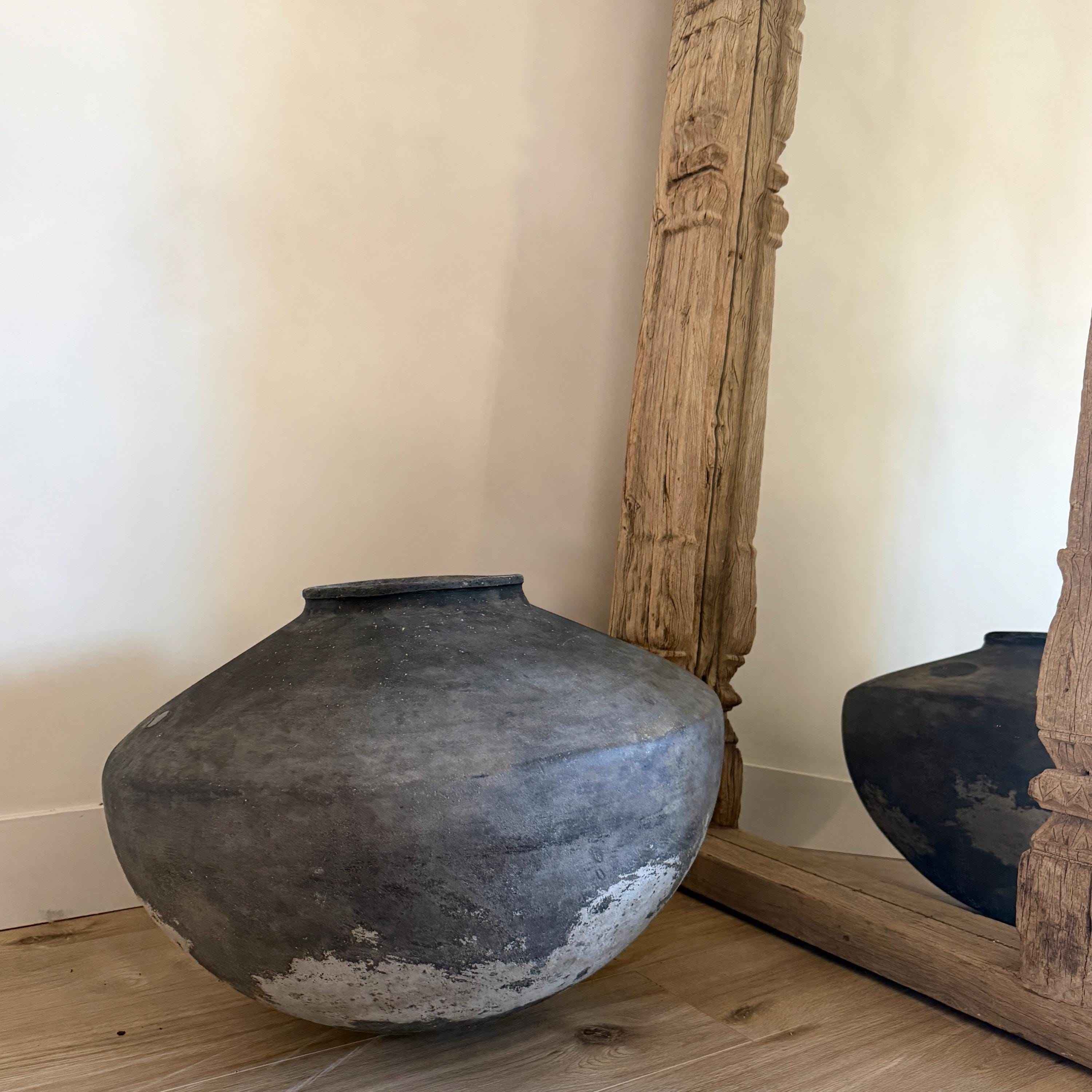 XL Vintage Clay Pot Floor Vase, Antique Handmade Earthenware, Rustic Oversized Decor