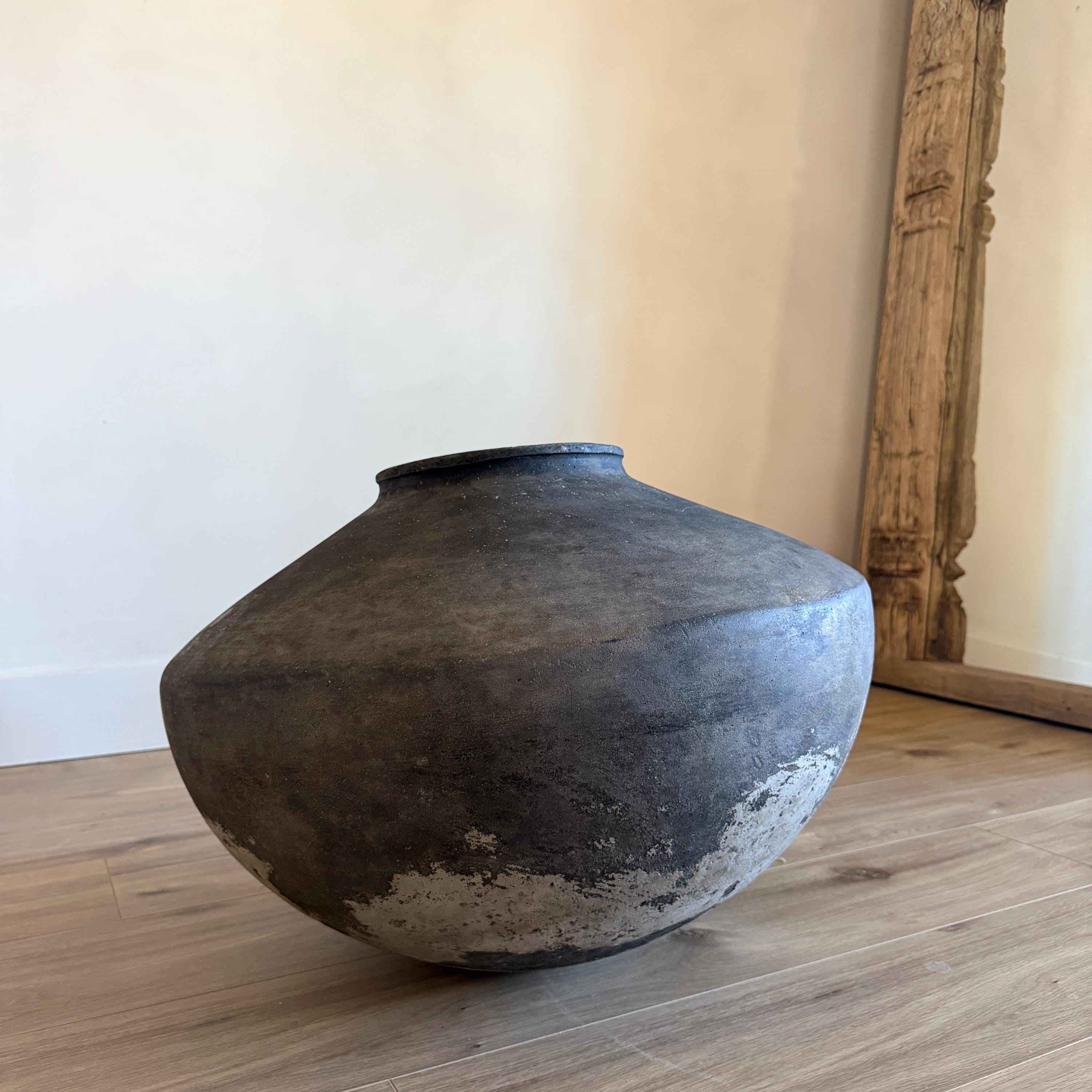 XL Vintage Clay Pot Floor Vase, Antique Handmade Earthenware, Rustic Oversized Decor