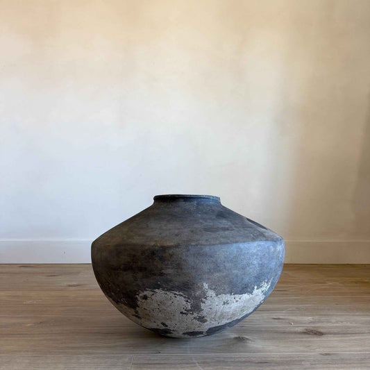 XL Vintage Clay Pot Floor Vase, Antique Handmade Earthenware, Rustic Oversized Decor