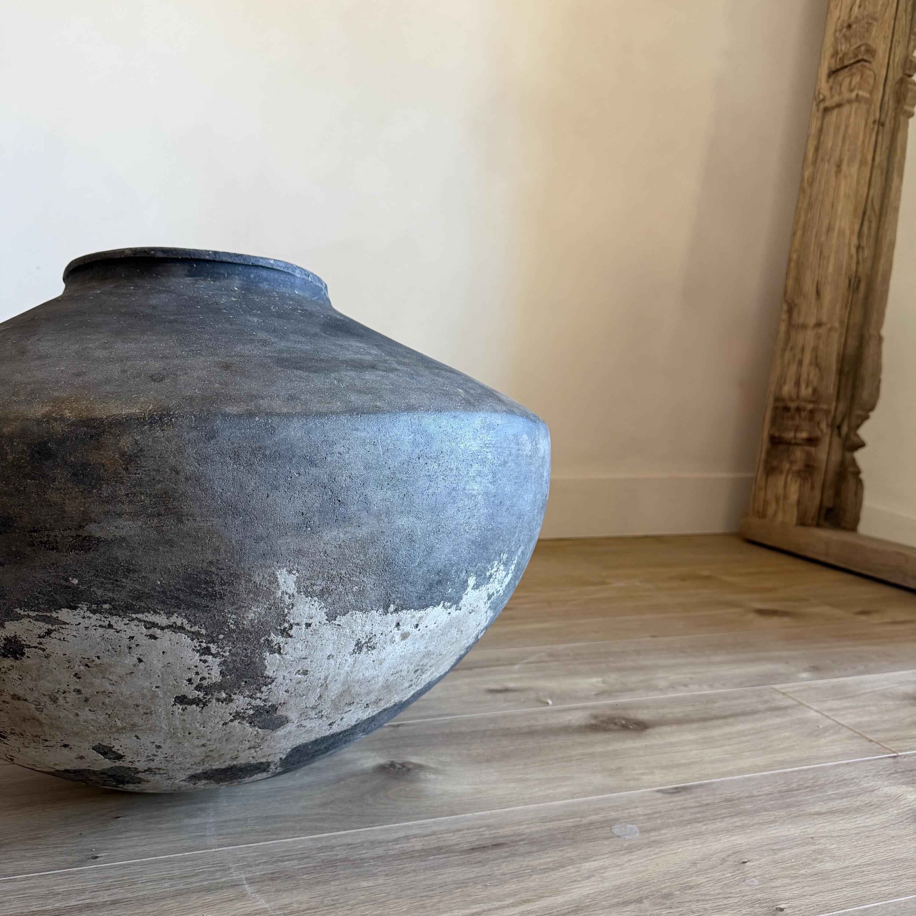 XL Vintage Clay Pot Floor Vase, Antique Handmade Earthenware, Rustic Oversized Decor