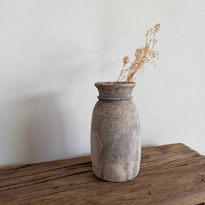 Antique Neutral Wooden Vase | Farmhouse Boho Home Decor | Tabletop Shelf Decor | Wabi Sabi Vase