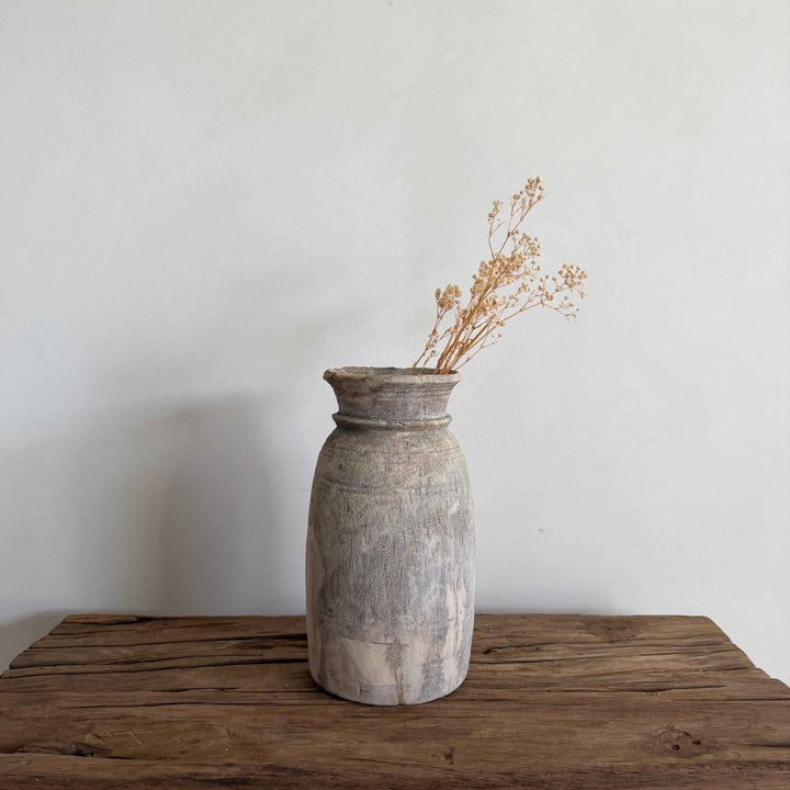 Antique Neutral Wooden Vase | Farmhouse Boho Home Decor | Tabletop Shelf Decor | Wabi Sabi Vase