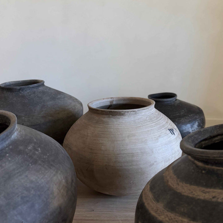 XL Vintage Clay Pot Floor Vase, Antique Handmade Earthenware, Rustic Oversized Decor