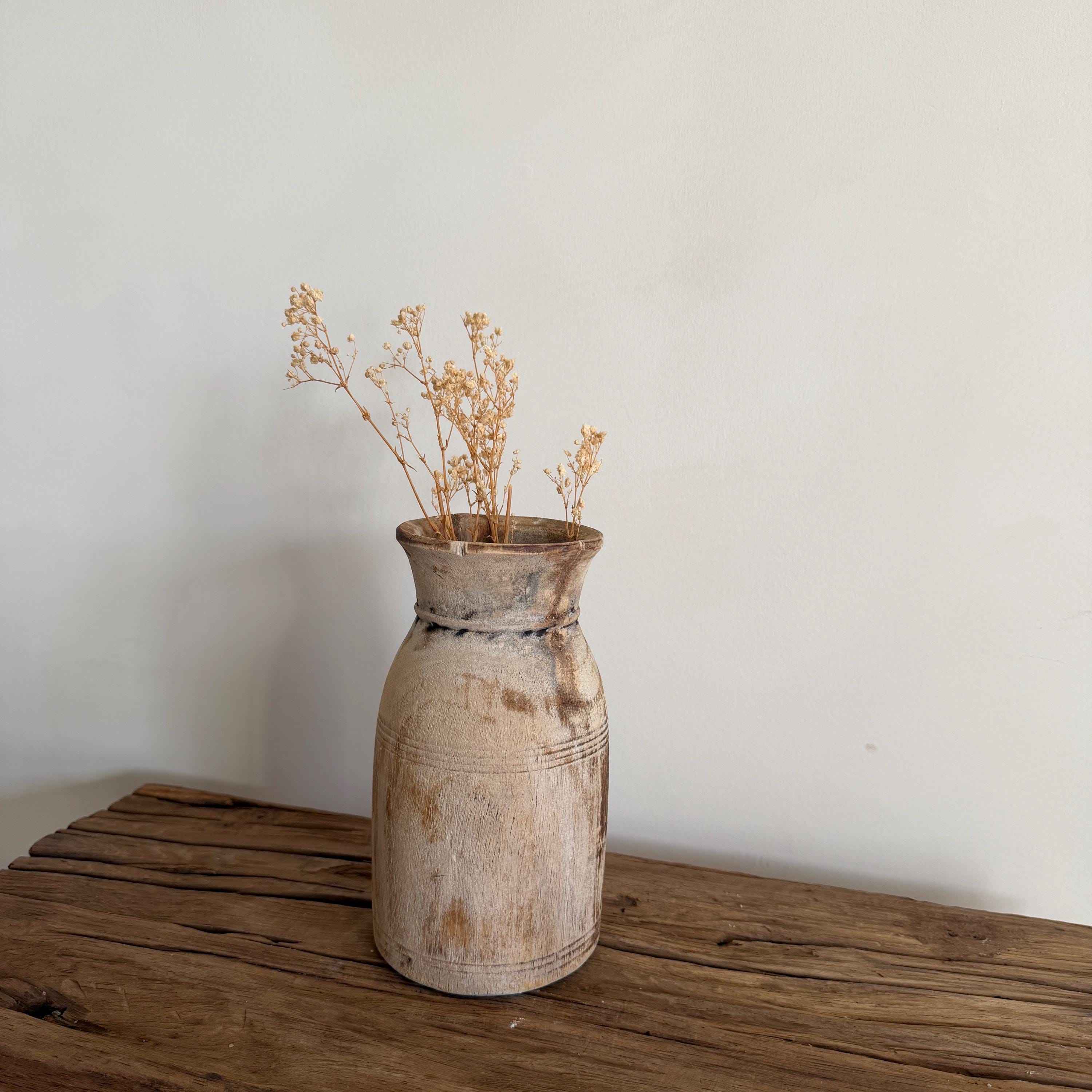 Antique Neutral Wooden Vase | Farmhouse Boho Home Decor | Tabletop Shelf Decor | Wabi Sabi Vase