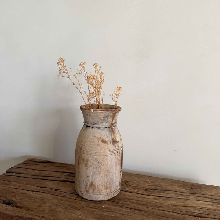 Antique Neutral Wooden Vase | Farmhouse Boho Home Decor | Tabletop Shelf Decor | Wabi Sabi Vase
