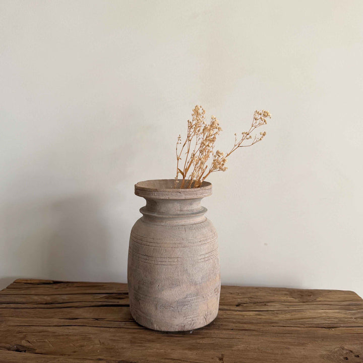 Antique Neutral Wooden Vase | Farmhouse Boho Home Decor | Tabletop Shelf Decor | Wabi Sabi Vase