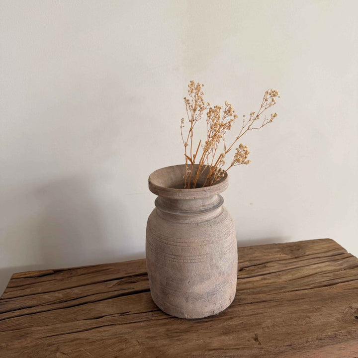 Antique Neutral Wooden Vase | Farmhouse Boho Home Decor | Tabletop Shelf Decor | Wabi Sabi Vase