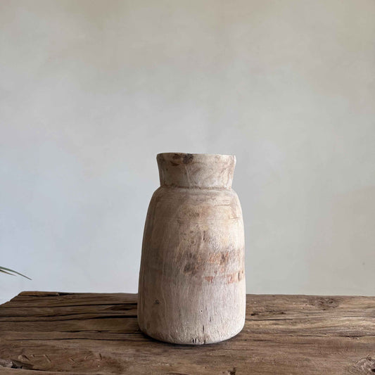 Antique Neutral Wooden Vase | Farmhouse Boho Home Decor | Tabletop Shelf Decor | Wabi Sabi Vase
