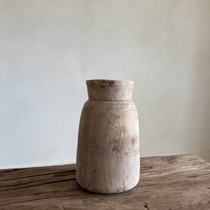 Antique Neutral Wooden Vase | Farmhouse Boho Home Decor | Tabletop Shelf Decor | Wabi Sabi Vase
