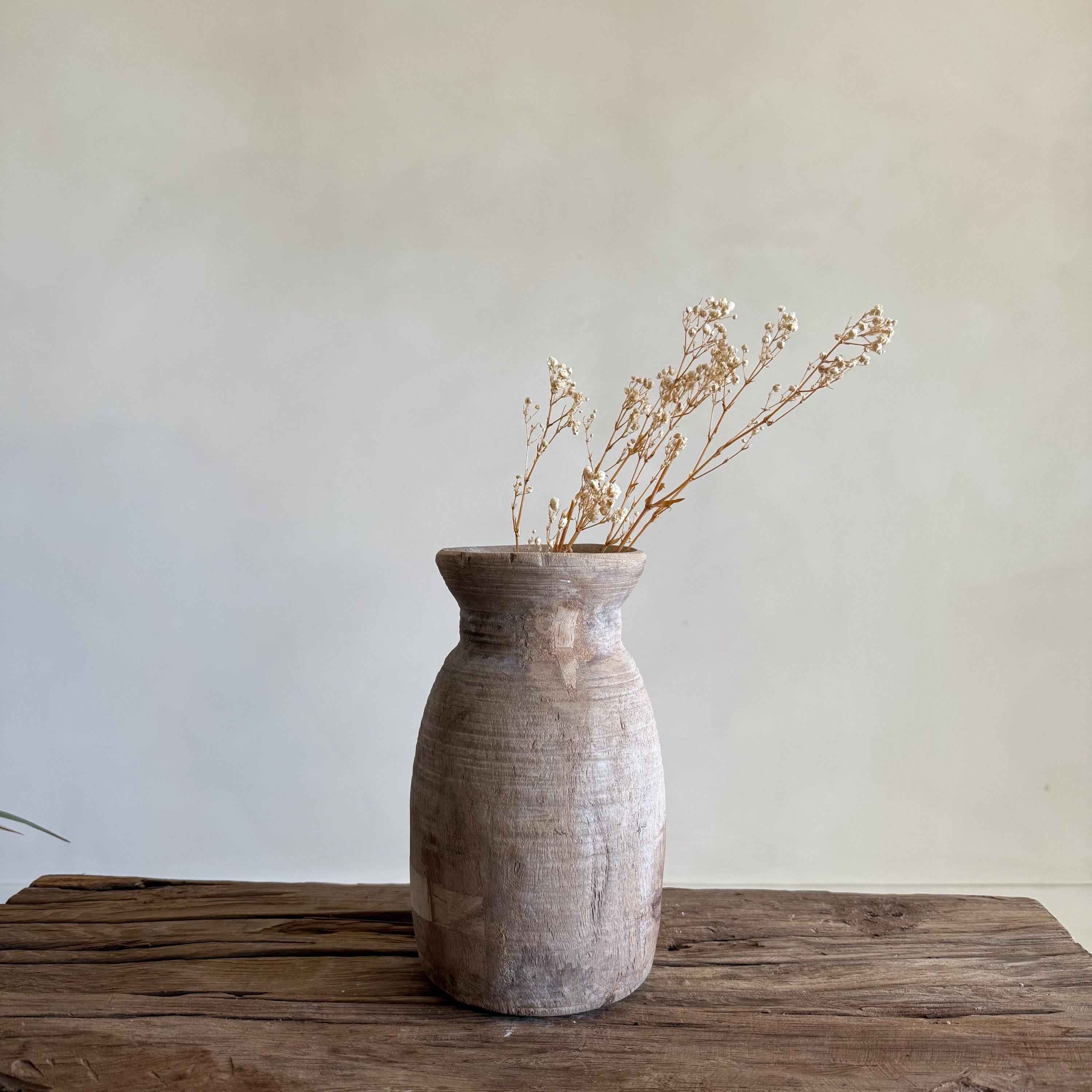 Antique Neutral Wooden Vase | Farmhouse Boho Home Decor | Tabletop Shelf Decor | Wabi Sabi Vase