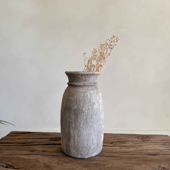 Antique Neutral Wooden Vase | Farmhouse Boho Home Decor | Tabletop Shelf Decor | Wabi Sabi Vase